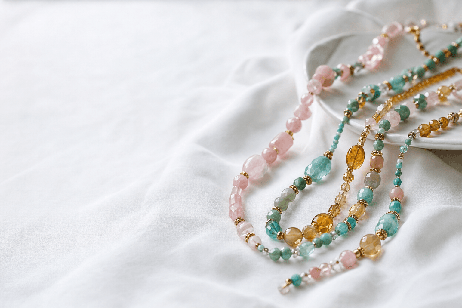 Colorful handmade bead necklaces arranged on fabric