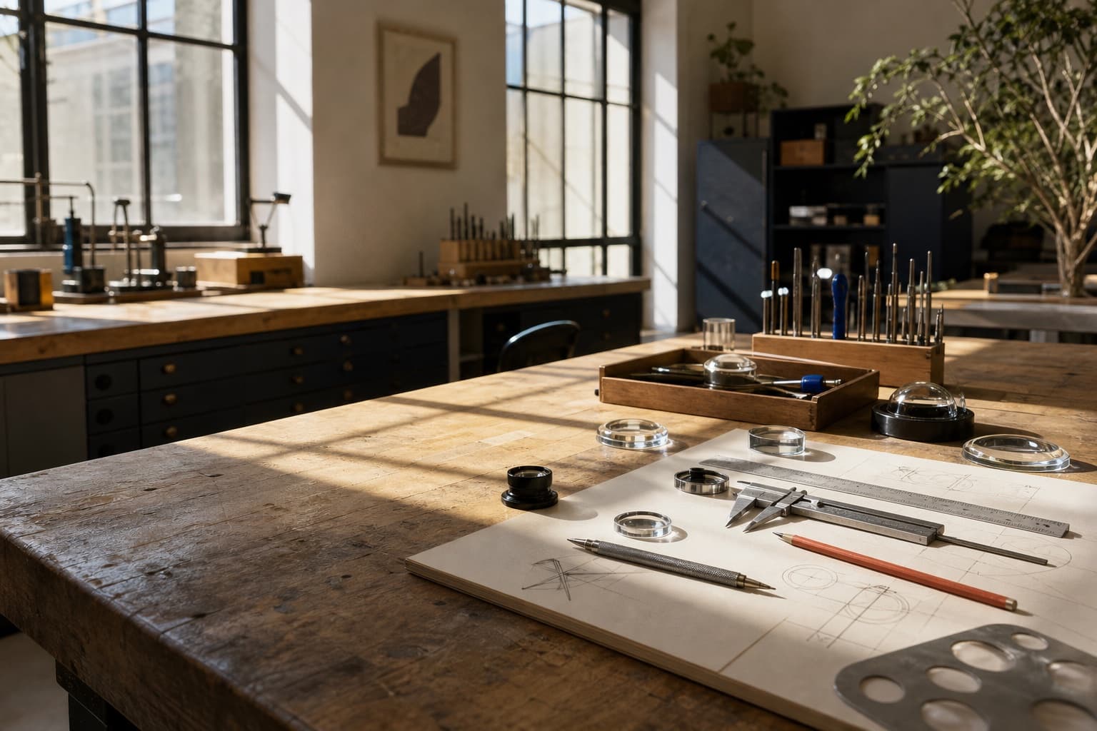 Sunlit workshop table with optical lenses, drafting tools, and technical drawings